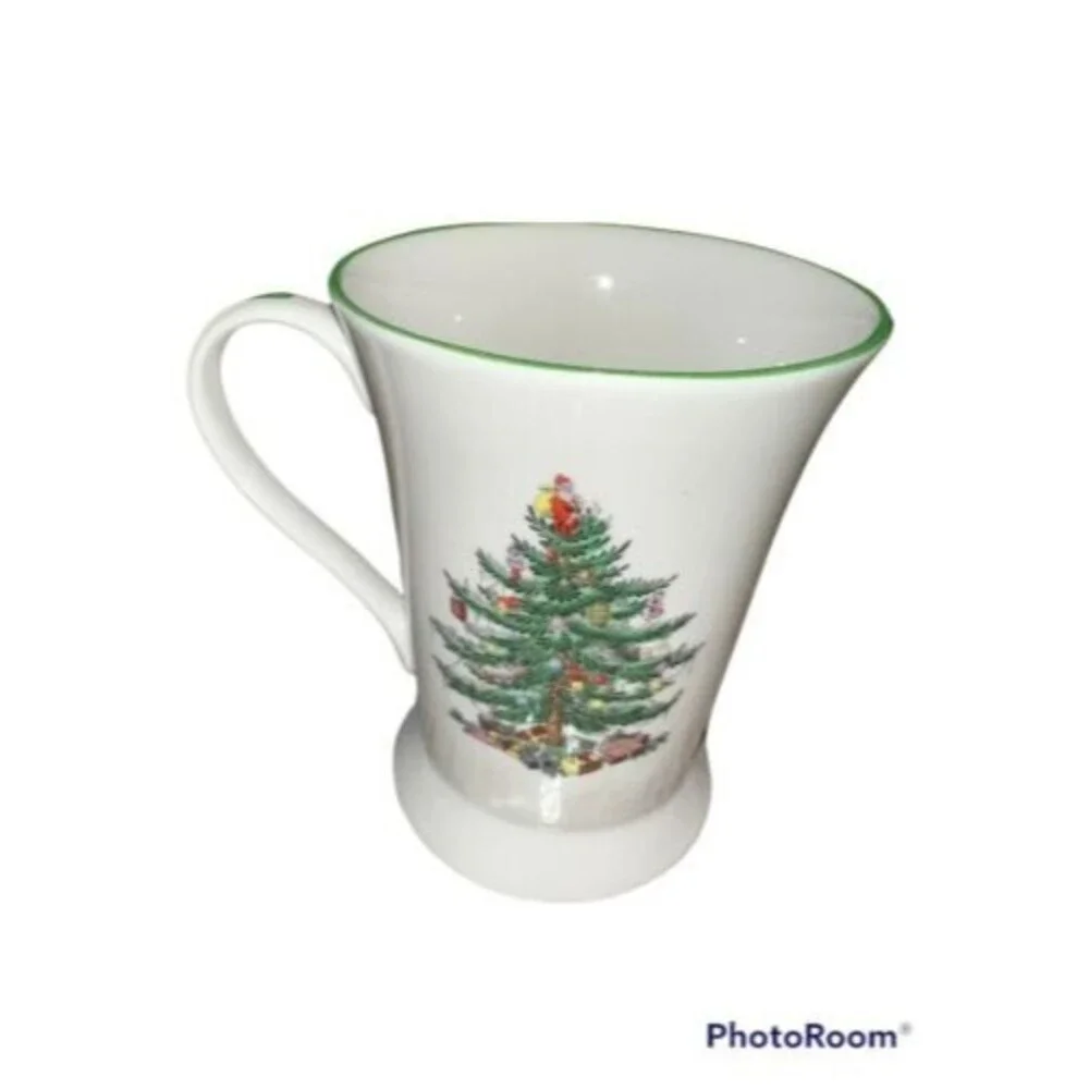 SPODE Porcelain TALL FOOTED Christmas Tree COFFEE MUG 12oz GREEN TRIM Pimpernel
